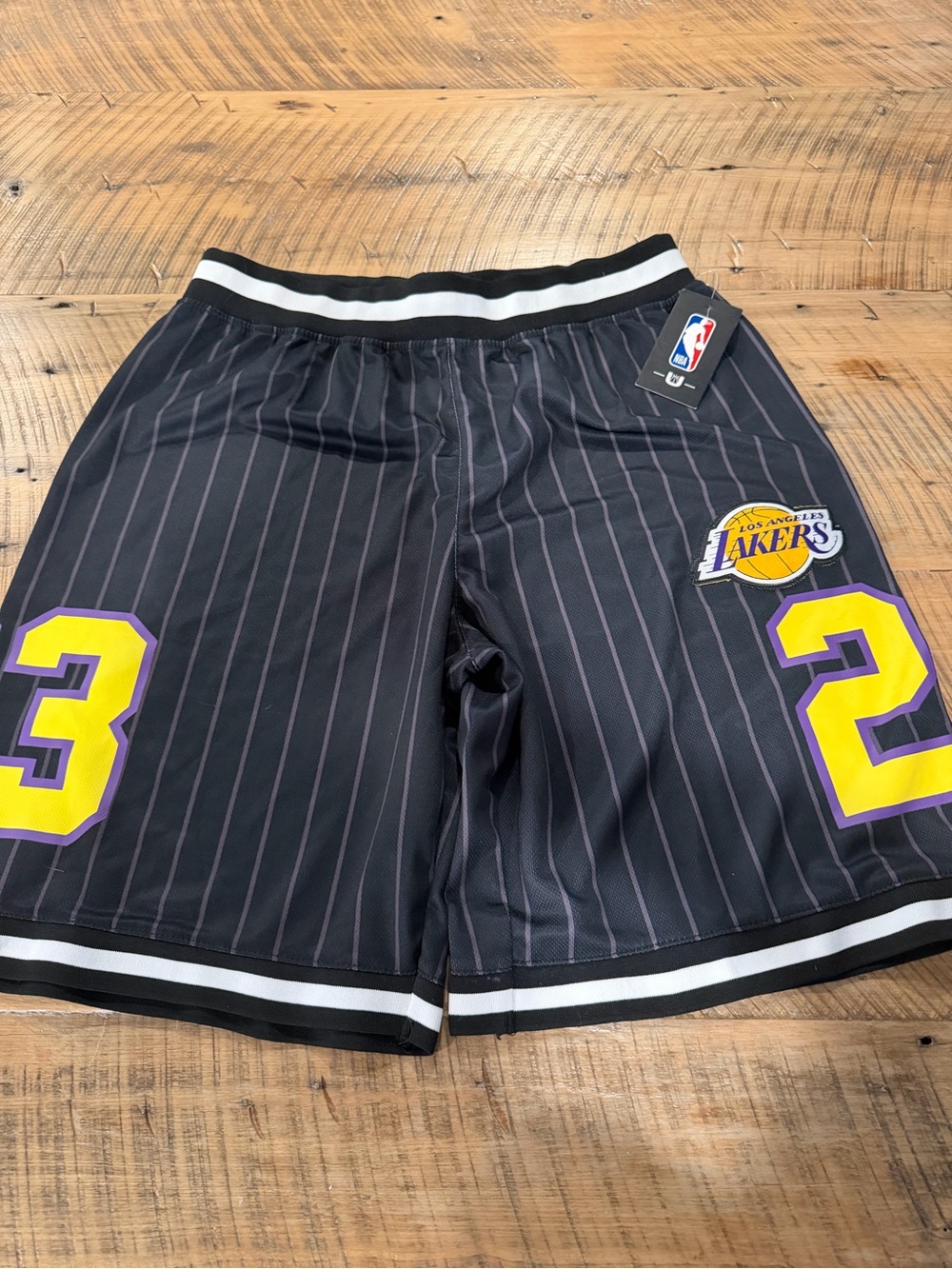 NEW NBA Los Angeles Lakers Black Pinstripe Shorts with Yellow & Purple Accents